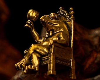 Solid Brass Frog Figurine Sitting on Throne Holding Goblet Sculpture Desk Decor Gift