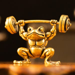 Könnte beinhalten: Eine kleine, goldfarbene Metallfigur eines muskulösen Frosches in hockender Position, der eine Langhantel mit Gewichten an beiden Enden stemmt. Der Frosch hat definierte Bauch- und Armmuskeln und hält die Hantel mit erhobenen Händen über dem Kopf.