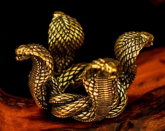 Solid Brass Four-Headed Cobra Sculpture – Mythical Serpent Figurine for Shelf or Altar Decor