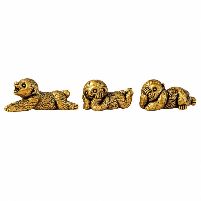 Solid Brass Sloth Figurines Three Gentle Resting Poses Desk and Shelf Decor image 11