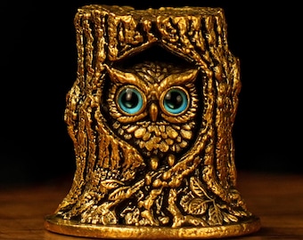 Solid Brass Owl in Tree Stump Sculpture Figurine Desk Decor Gift for Owl Lovers
