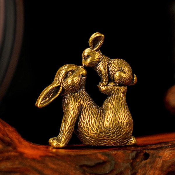 Brass Rabbit Sculpture: Mother and Baby Kissing Bunny Decor