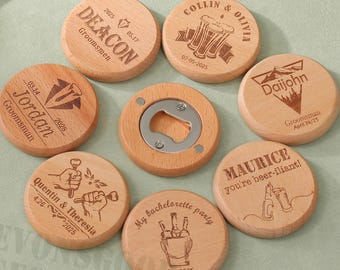 Custom Wooden Round Bottle Opener - Personalized Magnetic Beer Opener, Groomsmen Gift, Wedding Favor,  Father's Day Gifts