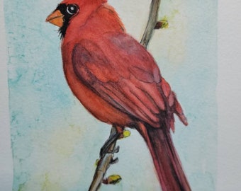 Original Cardinal watercolor painting,  Cardinal Painting, Red Cardinal, Bird lover gift, 4 x 5 Cardinal watercolor painting