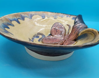 Butterfly Bowl, Butterfly decorative dish, pottery Butterfly,  stoneware bowl, antique copper butterfly