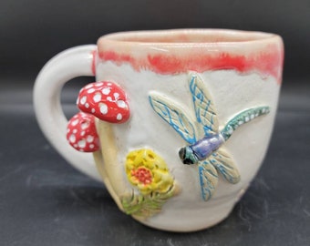 Wheel thrown pottery mushroom mug, dragonfly mug, butterfly pottery mug with spoon rest, mushroom mug with coaster, red mushrooms