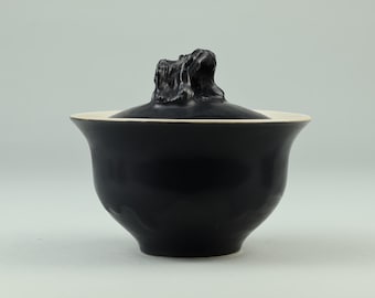 Handmade Ceramic Gaiwan 120ml: Matte Black Glaze, White Interior, Root Knob, Gongfu Tea Brewing