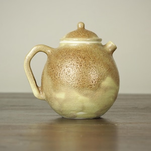 May include: A ceramic teapot with a rounded body, a curved handle, and a small spout. The teapot is covered in a speckled, textured glaze with shades of brown and cream. A matching lid with a small knob sits on top.