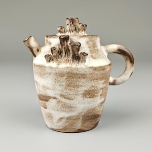 May include: A small white teapot with brown accents and a unique design featuring a cluster of raised, brown, mushroom-like shapes on the lid.