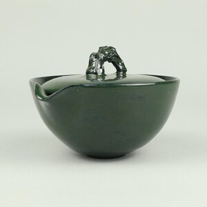 Handmade Ceramic Shiboridashi 150ml: Dark Green Metallic Glaze, Root Knob, Gongfu Tea Strainer
