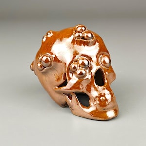 Glazed Skull Figurine: Dark Art Altar Decor - &quot;Old Gold&quot; Ceramic