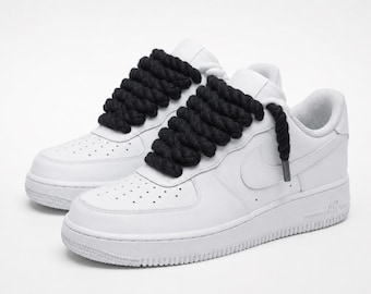 Nike Air Force 1 personalizzate • Bianche con lacci a corda neri da 8 mm • Sneakers AF1 originali con lacci spessi • Ecrysta