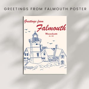 Affiche vintage de carte postale de Falmouth, salutations de Falmouth, art mural, croquis côtier, impression, décoration de voyage, Cape Cod, illustration rétro de ville de plage