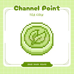 Könnte beinhalten: Ein pixelbasiertes grünes Tee-Münze mit einem Blattdesign in der Mitte, vor einem hellgrünen Gitterhintergrund. Der Text "Channel Point" und "Tea Coin" sind über der Münze zu sehen. Abmessungen: 28x28, 56x56 und 112x112 Pixel.