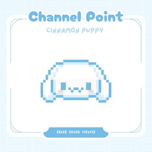 Pode incluir: Uma ilustração pixelada de um cachorrinho branco com orelhas azuis sobre um fundo azul claro. O texto "Channel Point" e "Cinnamon Puppy" estão acima do cachorrinho. O texto "28x28 56x56 112x112" está abaixo do cachorrinho.