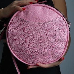 Womens Leather Crossbody Pink Floral