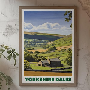 Yorkshire Dales Print | Vintage Style Countryside Wall Art | British Rural Landscape Poster | Stone Cottage & Field Scene (Multiple Sizes)