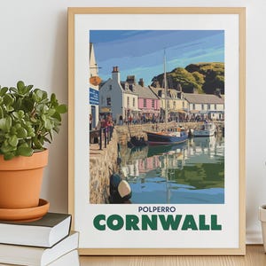 Polperro Cornwall Print | Digital Harbour Wall Art | Coastal Seaside Poster | Retro Travel Art Download | Nautical Village Decor