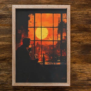 Sunset Wine Art Print – Urban Evening Glow | Digital Wall Art with Silhouette & Warm Light | Printable for Lounge, Bar or City Decor