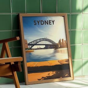 Affiche du pont du port de Sydney | Art mural coucher de soleil de style vintage | Paysage urbain paisible Golden Hour | Art numérique australien du voyage