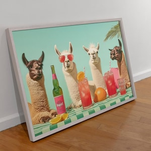 Tropicool Llama Art Print – Funny Summer Llamas with Cocktails | Whimsical Wall Art | Digital Download for Quirky Tropical Decor