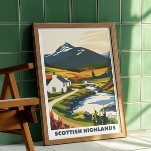 Scottish Highlands Cottage Landscape Print | Winding River & Colourful Glen | Digital Art Poster | Nature Wall Art | Instant Download