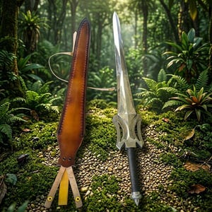 Puede incluir: Una espada plateada con empu&ntilde;adura negra y una funda de cuero marr&oacute;n con correa. La espada se exhibe sobre un lecho de musgo verde y peque&ntilde;os guijarros, con un exuberante fondo de bosque.