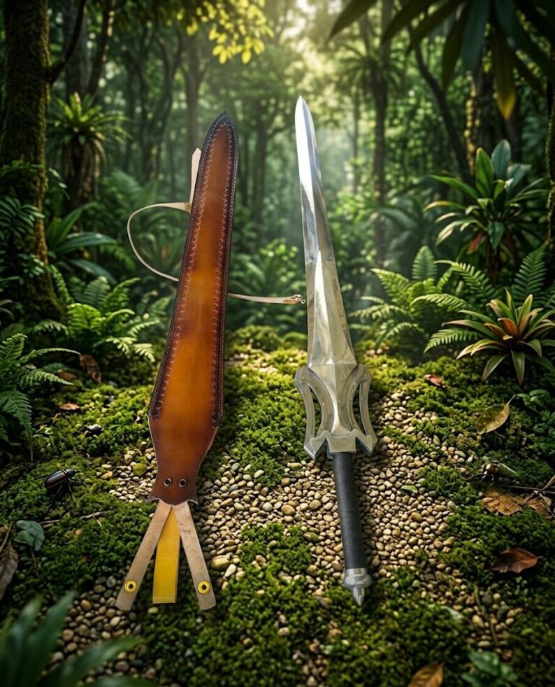 Puede incluir: Una espada plateada con empu&ntilde;adura negra y una funda de cuero marr&oacute;n con correa. La espada se exhibe sobre un lecho de musgo verde y peque&ntilde;os guijarros, con un exuberante fondo de bosque.
