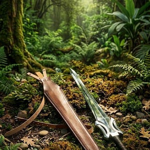 Puede incluir: Una espada de fantas&iacute;a con una empu&ntilde;adura plateada y una hoja transparente descansa sobre un lecho de musgo y hojas junto a una vaina de cuero marr&oacute;n. La espada est&aacute; en un exuberante entorno forestal verde con luz solar filtr&aacute;ndose a trav&eacute;s de los &aacute;rboles.