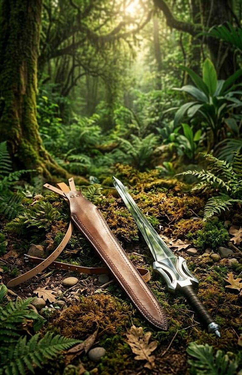 Puede incluir: Una espada de fantas&iacute;a con una empu&ntilde;adura plateada y una hoja transparente descansa sobre un lecho de musgo y hojas junto a una vaina de cuero marr&oacute;n. La espada est&aacute; en un exuberante entorno forestal verde con luz solar filtr&aacute;ndose a trav&eacute;s de los &aacute;rboles.