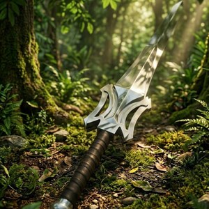 Puede incluir: Una espada de fantas&iacute;a con una hoja y guarda plateadas, y un mango envuelto en cuero marr&oacute;n oscuro. La espada descansa sobre un suelo forestal cubierto de musgo y hojas ca&iacute;das, con la luz del sol filtr&aacute;ndose entre los &aacute;rboles.