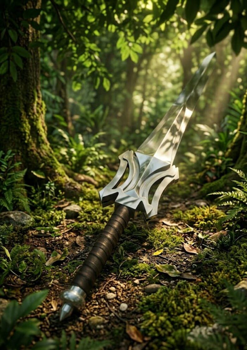 Puede incluir: Una espada de fantas&iacute;a con una hoja y guarda plateadas, y un mango envuelto en cuero marr&oacute;n oscuro. La espada descansa sobre un suelo forestal cubierto de musgo y hojas ca&iacute;das, con la luz del sol filtr&aacute;ndose entre los &aacute;rboles.
