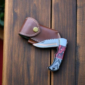 Handmade Copper Damascus pocket knife, Premium Quality Folding Knife with Leather sheath, Gift knife