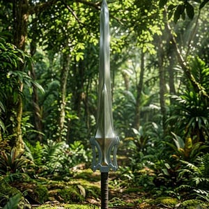 Puede incluir: Una espada plateada con un dise&ntilde;o de empu&ntilde;adura distintivo, situada frente a una exuberante jungla verde. La hoja de la espada es larga y puntiaguda, con un mango detallado. La escena est&aacute; iluminada por la luz del sol que se filtra a trav&eacute;s de los &aacute;rboles.