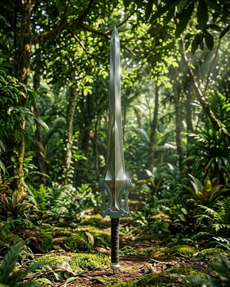 Puede incluir: Una espada plateada con un dise&ntilde;o de empu&ntilde;adura distintivo, situada frente a una exuberante jungla verde. La hoja de la espada es larga y puntiaguda, con un mango detallado. La escena est&aacute; iluminada por la luz del sol que se filtra a trav&eacute;s de los &aacute;rboles.