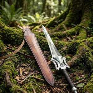 Puede incluir: Una espada plateada y negra con una funda de cuero descansa sobre un suelo forestal cubierto de musgo. La espada tiene una empu&ntilde;adura detallada y una hoja afilada. La funda de cuero marr&oacute;n est&aacute; abierta, revelando toda la longitud de la espada.