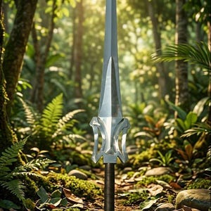Puede incluir: Una espada plateada con empu&ntilde;adura negra se alza en un entorno forestal. La hoja es larga y puntiaguda, con una guarda decorativa. El fondo presenta un exuberante follaje verde y la luz del sol filtr&aacute;ndose entre los &aacute;rboles.