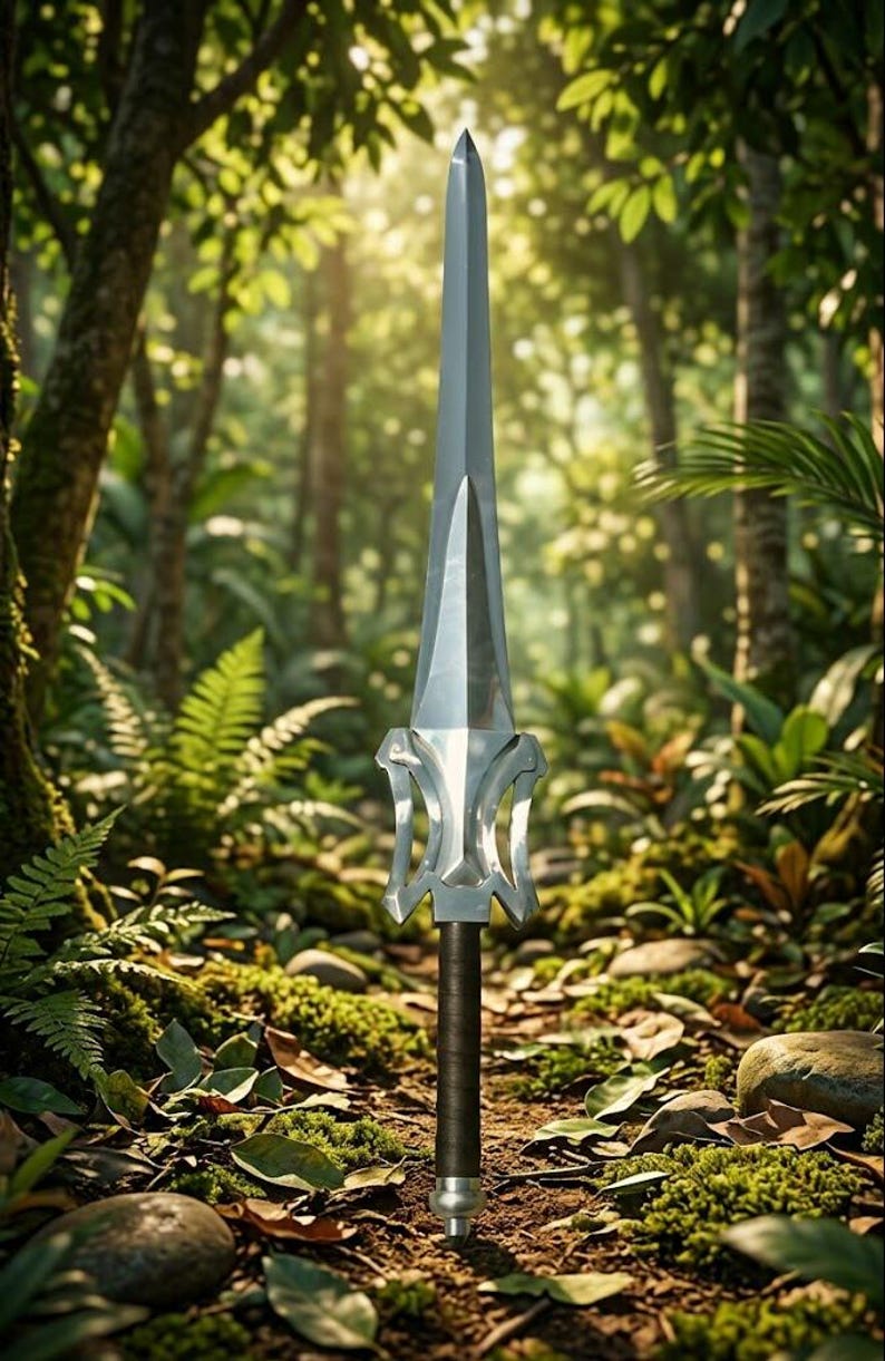 Puede incluir: Una espada plateada con empu&ntilde;adura negra se alza en un entorno forestal. La hoja es larga y puntiaguda, con una guarda decorativa. El fondo presenta un exuberante follaje verde y la luz del sol filtr&aacute;ndose entre los &aacute;rboles.