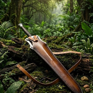 Puede incluir: Una espada artesanal con una funda y correa de cuero marr&oacute;n descansa sobre un tronco cubierto de musgo en un bosque exuberante. La espada presenta una empu&ntilde;adura plateada y un mango oscuro. La funda est&aacute; intrincadamente cosida.