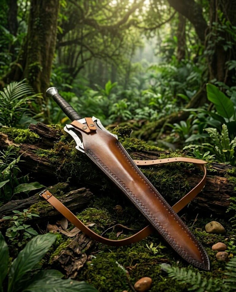 Puede incluir: Una espada artesanal con una funda y correa de cuero marr&oacute;n descansa sobre un tronco cubierto de musgo en un bosque exuberante. La espada presenta una empu&ntilde;adura plateada y un mango oscuro. La funda est&aacute; intrincadamente cosida.
