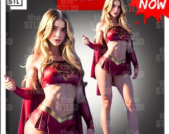 May include: A woman wearing a red and gold superhero costume with a cape. The costume features a stylized 'S' symbol on the chest. The woman is standing with her arms at her sides and her legs slightly apart. The background is a gray gradient.