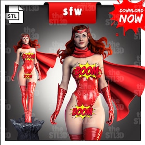 May include: A red-haired woman in a red, form-fitting costume with a cape. She is wearing a red headband and has a serious expression on her face. The costume has a large, yellow "BOOM" graphic on the chest and another on the thigh. The background is a dark gray.