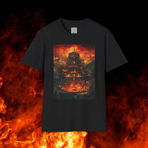 May include: Black t-shirt featuring a detailed, fiery illustration of a multi-tiered structure with a dark, ominous aesthetic. The artwork is predominantly red, orange, and black, creating a dramatic and intense visual.