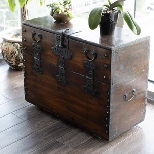 May include: A dark wooden chest with ornate black metal hardware, including hinges, handles, and a latch. The chest is rectangular and appears to be antique. The chest is sitting on a wooden floor, with plants in the background.