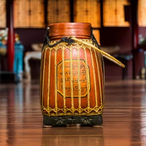 Vintage Burmese Asian Ceremonial Rice Offering Basket With Buddhist Script and Rattan Weaving