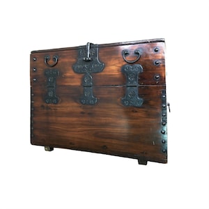 Antique Solid Wood Korean Blanket Chest with Hand-Forged Hardware - 2 FT Tall x 2.5 FT Wide