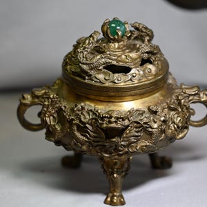 Vintage Chinese Bronze Censer With Jade Orb – Dragon Temple Incense Burner