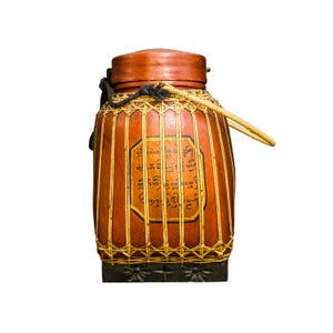 Vintage Burmese Asian Ceremonial Rice Offering Basket With Buddhist Script and Rattan Weaving