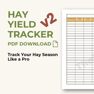 Könnte beinhalten: Ein weißer PDF-Download mit dem Titel "HAY YIELD TRACKER v2" in grüner Schrift mit einer roten "v2"-Grafik. Der Text "Track Your Hay Season Like a Pro" steht unter dem Titel. Eine Tabelle befindet sich auf der rechten Seite.