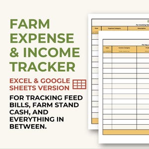Puede incluir: Una hoja de cálculo imprimible para realizar un seguimiento de los gastos e ingresos de la granja. La hoja de cálculo está diseñada para su uso con Excel y Google Sheets. El texto en la página dice "Farm Expense & Income Tracker, Excel & Google Sheets Version, For tracking feed bills, farm stand cash, and everything in between."